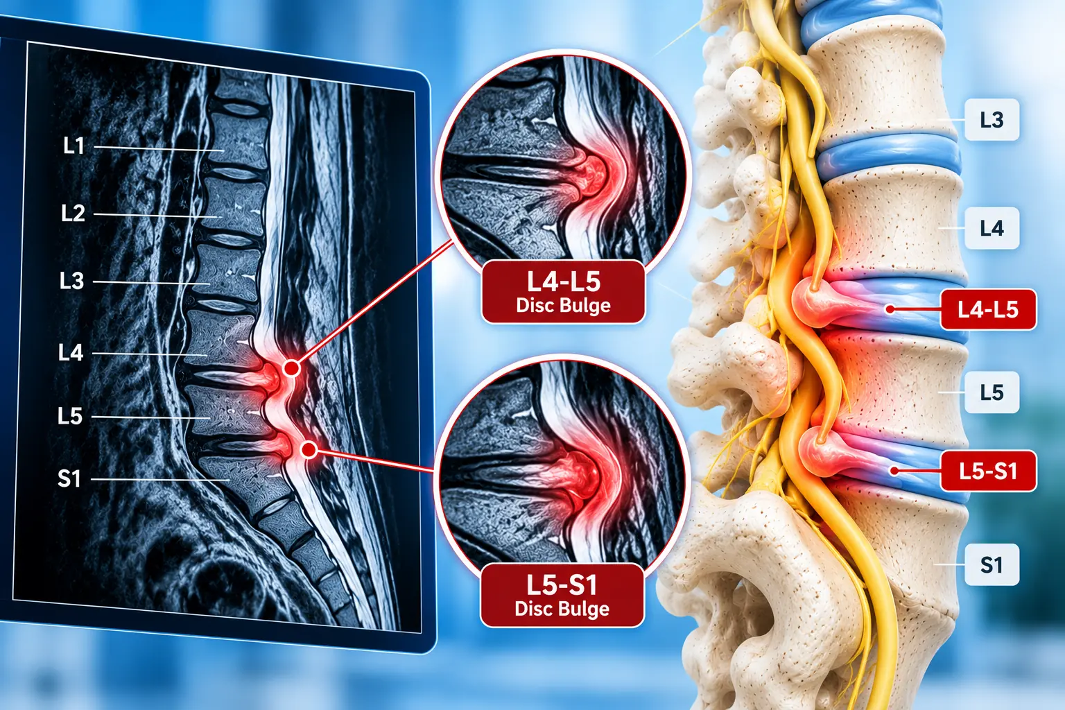 MRI রিপোর্টে L4-L5 ও L5-S1 Disc Bulge-এর অবস্থান এবং স্নায়ুর ওপর চাপের চিকিৎসাবিষয়ক চিত্র